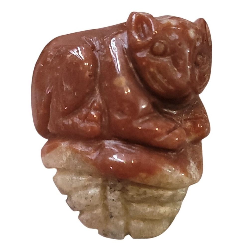 Hand Carved Bi-Color Stone Cat Figurine Miniature Red Brown Tan Animal Sculpture